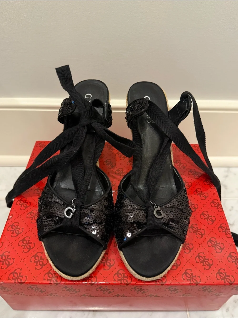 Guess Black Sequin Wedge Sandals with Ankle Tie